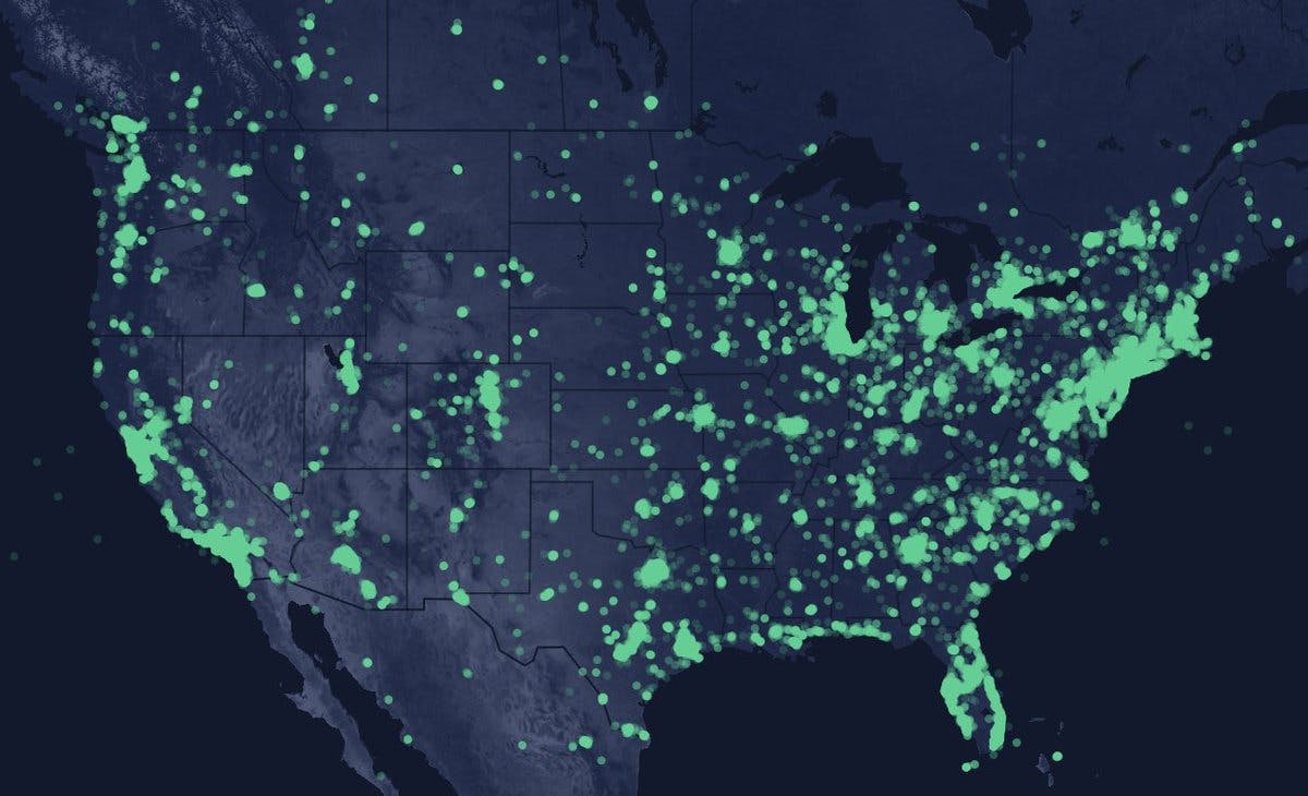 Helium network coverage map of the U.S.